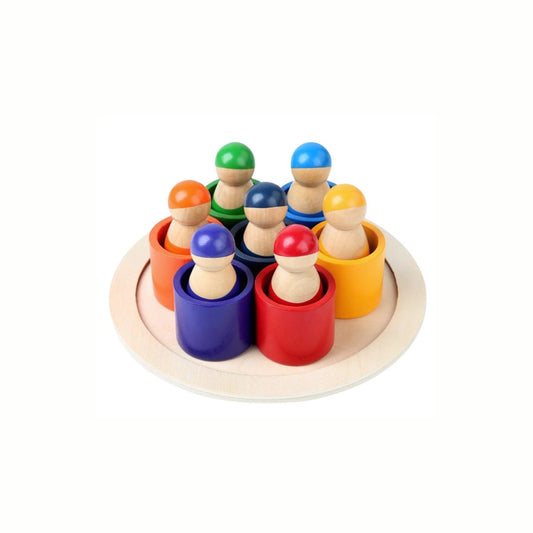 Wooden Color Matching Game, showing the wooden base with all colorful cylinders and matching wooden figures correctly placed, a high-quality toy.