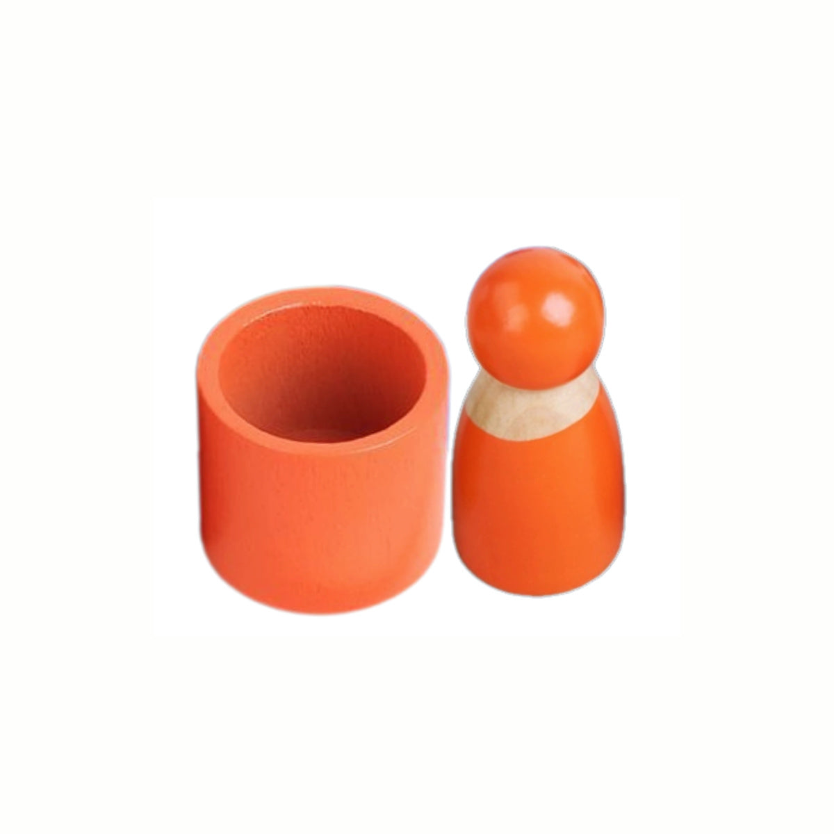 A close-up of a wooden figure and its matching cylinder from the Wooden Color Matching Game, highlighting the smooth wood finish and vibrant colors.