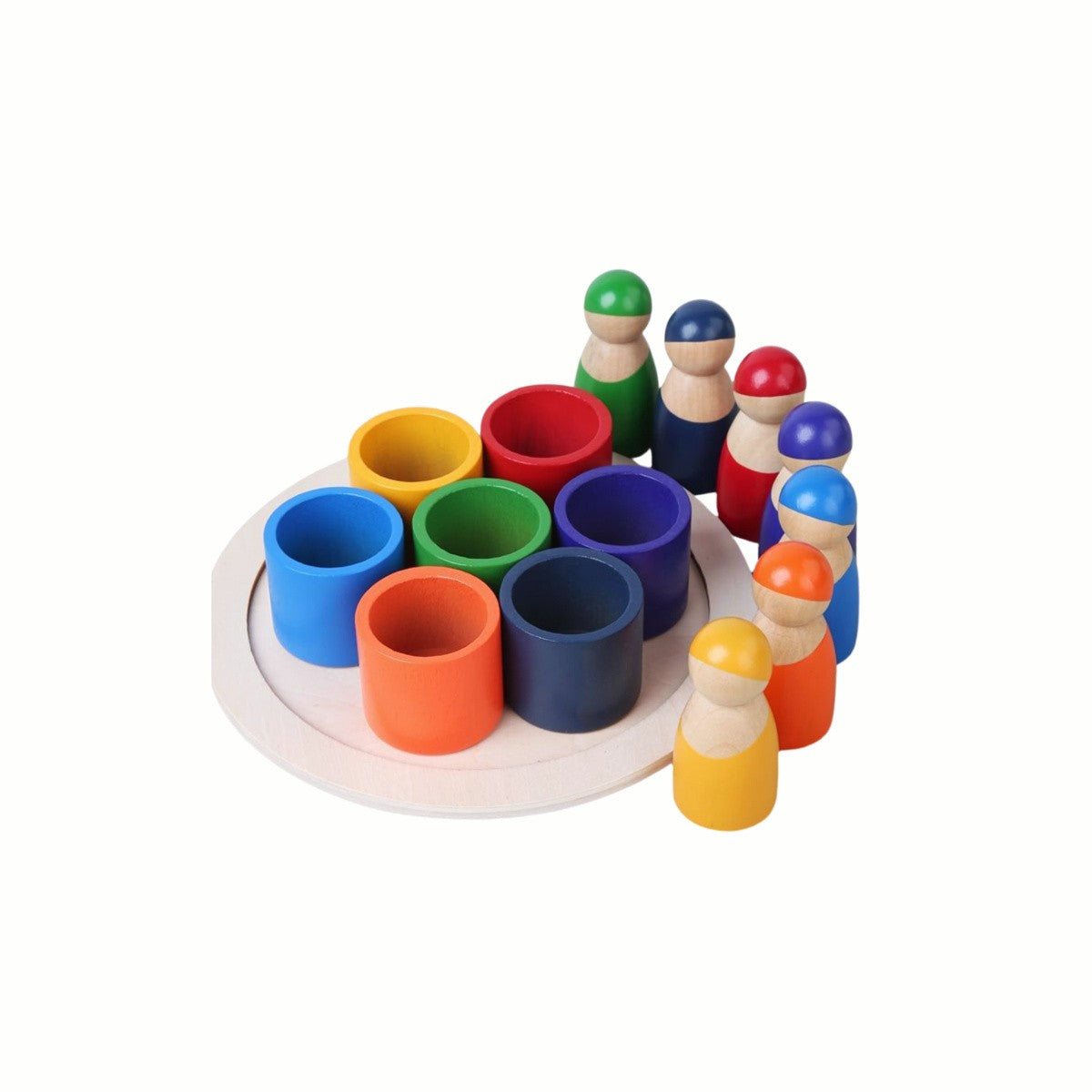 Wooden Color Matching Game, showing the wooden base with all colorful cylinders and matching wooden figures next to it.