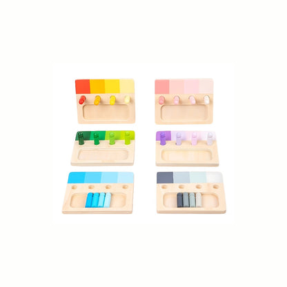 Wooden Color Shade Matching Toy, showing all six color palettes fully assembled with their corresponding shades of wooden pegs, a high-quality toy.