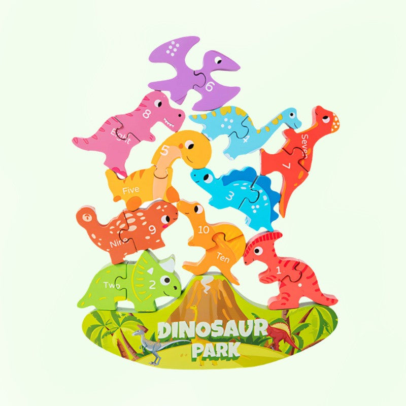 Colorful wooden dinosaur balance puzzle toy for children: educational stacking game for problem solving and fine motor skills