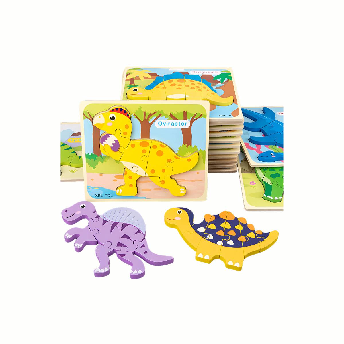Wooden Dinosaur Puzzle Set, showing multiple dinosaur puzzle bases stacked with loose puzzle pieces scattered nearby, encouraging fine motor skills.