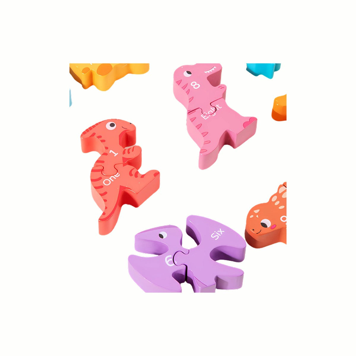 Wooden Dinosaur Balance Puzzle, close-up of several interlocking pieces with visible numbers, including the pink and purple dinosaurs, highlighting the smooth, non-toxic finish and the early math learning feature.