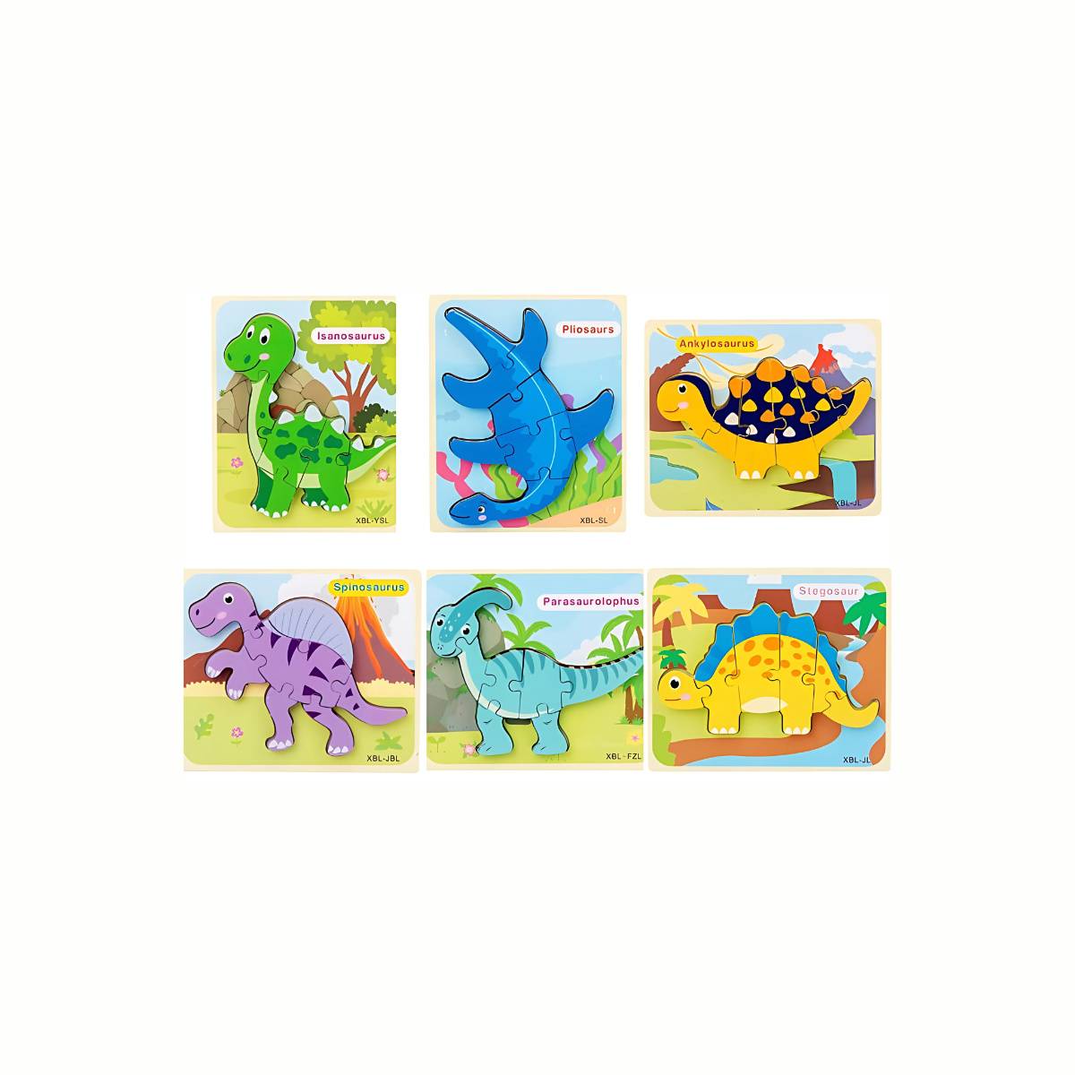 Wooden Dinosaur Puzzle Set, showing the second group of six unique dinosaur puzzles, offering extended imaginative play and learning opportunities.