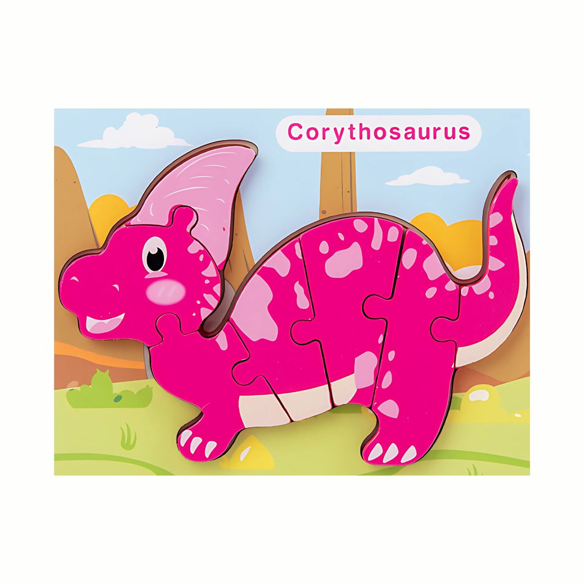 A single completed dinosaur puzzle from the Wooden Dinosaur Puzzle Set, highlighting the shape recognition and colorful design.