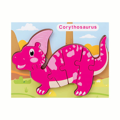 A single completed dinosaur puzzle from the Wooden Dinosaur Puzzle Set, highlighting the shape recognition and colorful design.