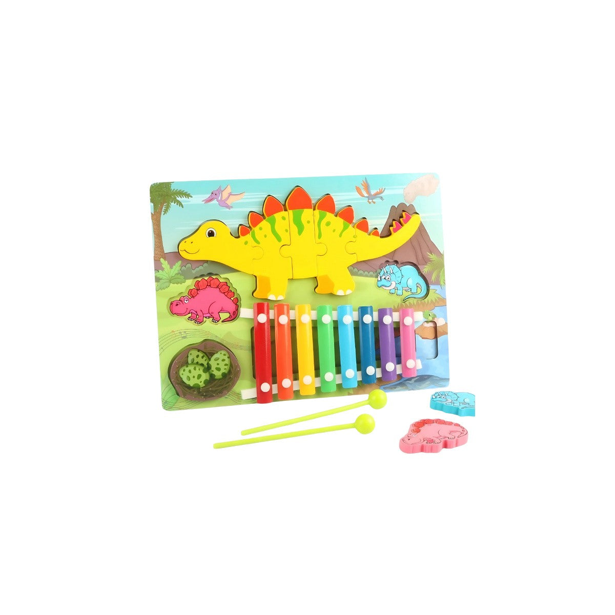 Wooden Dinosaur Puzzle Xylophone, showing the main dinosaur xylophone base with two matching puzzle pieces and mallets, an eco-conscious musical toy.