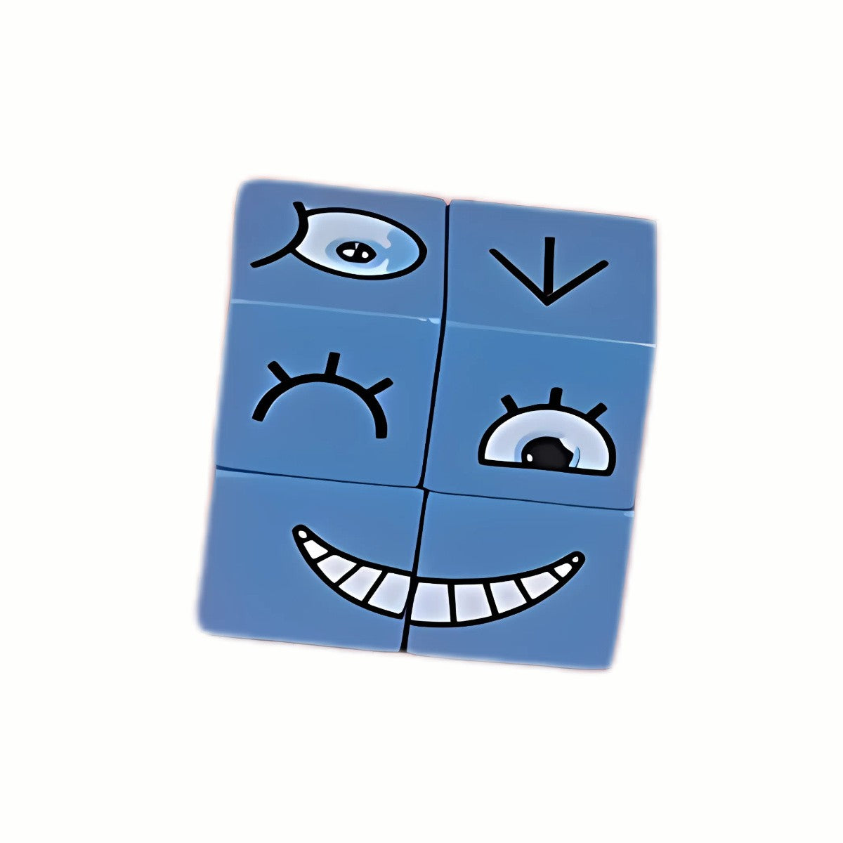 A close-up of four wooden cubes from the Wooden Expression Matching Blocks Puzzle assembled to form a single, specific facial expression.