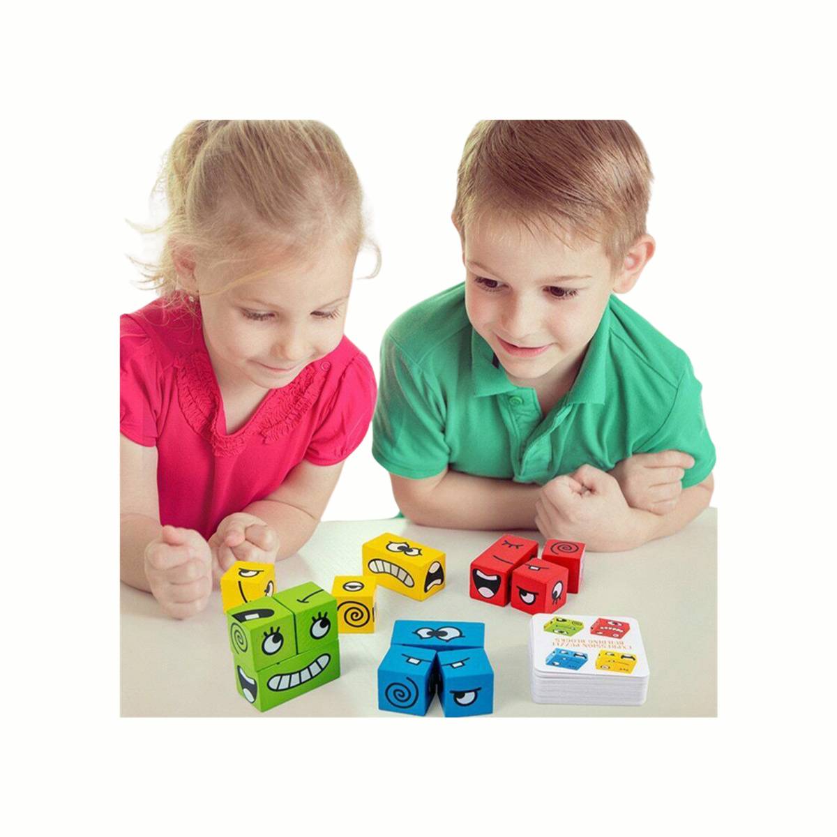 Two children playing the Wooden Expression Matching Blocks Puzzle game, racing to manipulate their cubes to match the expression card, promoting social interaction and speed.