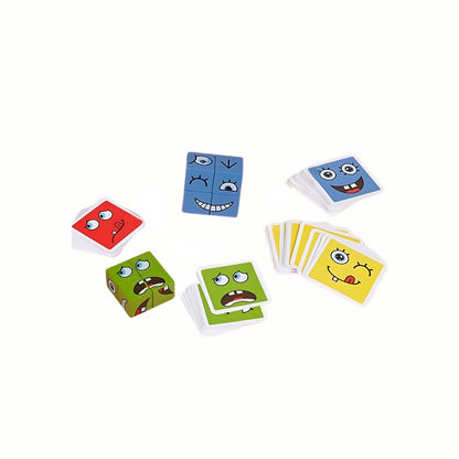 Wooden Expression Matching Blocks Puzzle showing the expression cards laid out next to the blocks, illustrating the fun, fast-paced matching challenge.