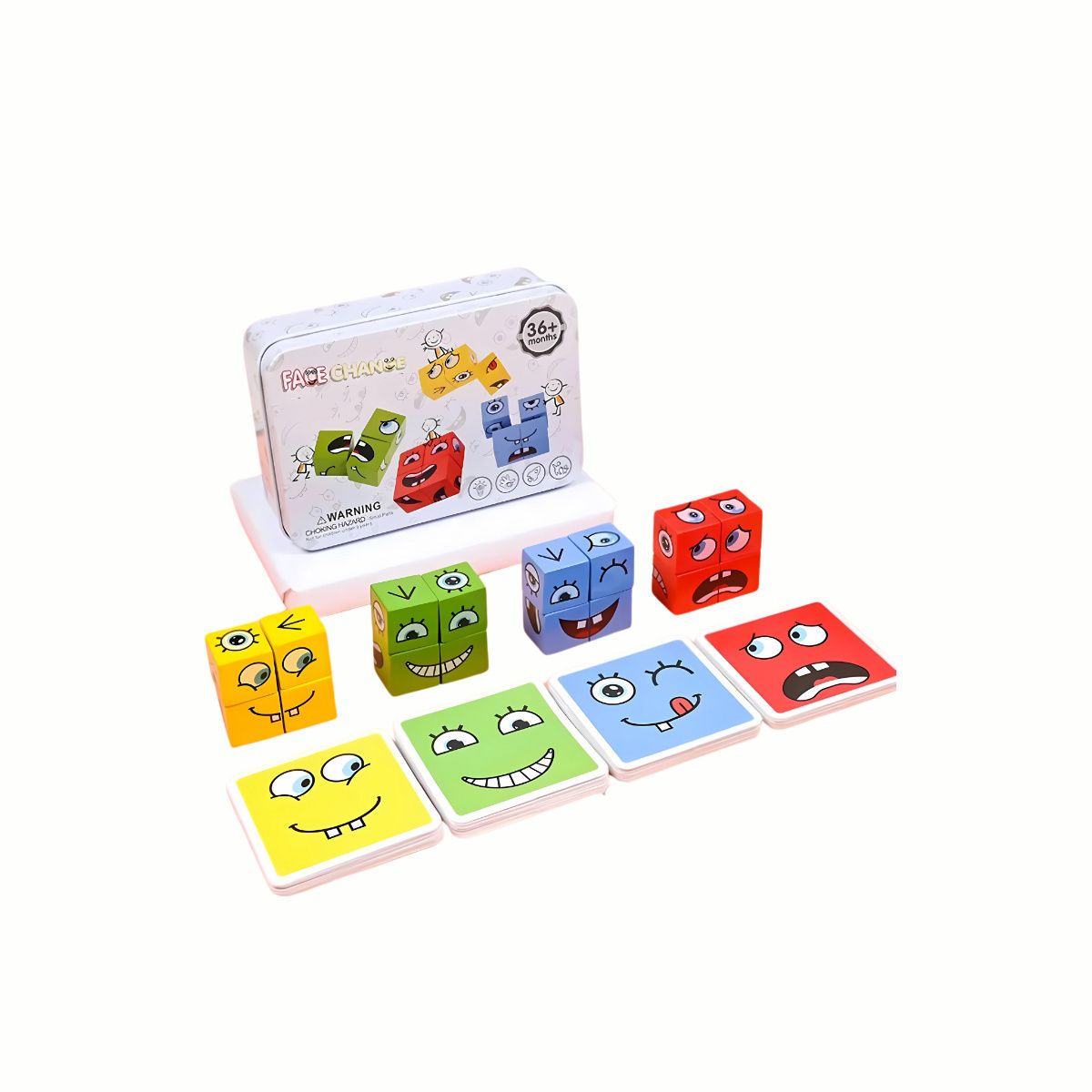 Wooden Expression Matching Blocks Puzzle, showing the cubes arranged to match the facial expressions on the game cards, encouraging quick visual recognition, a high-quality toy.
