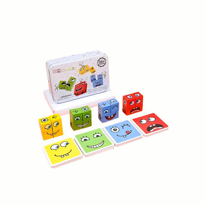Wooden Expression Matching Blocks Puzzle, showing the cubes arranged to match the facial expressions on the game cards, encouraging quick visual recognition, a high-quality toy.