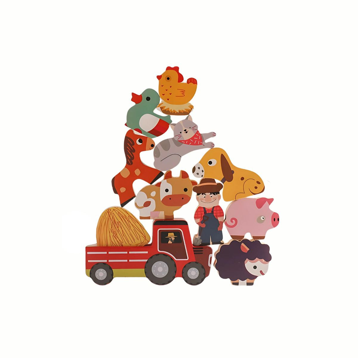 Wooden Farm Animal Playset with blocks and the tractor stacked creatively, demonstrating open-ended play and building possibilities.