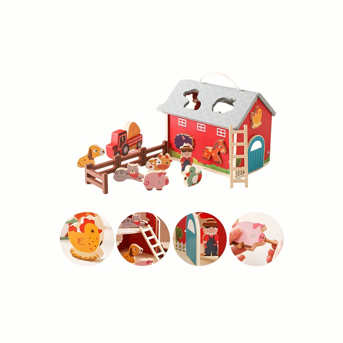 Wooden Farm Animal Playset montage, showing the different features like threading, shape sorting, and farm animal pieces for extended learning.