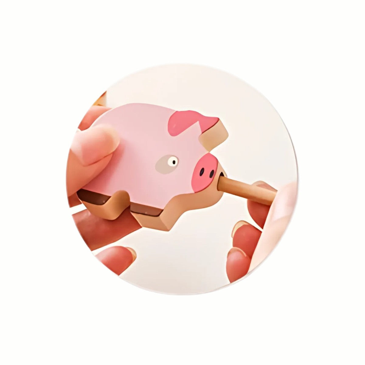 Close-up of the pig piece from the Wooden Farm Animal Playset, demonstrating the threading feature for developing fine motor skills.