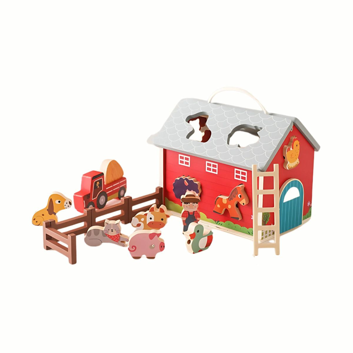 Wooden Farm Animal Playset, showing the assembled barn, tractor, and various animals set up for imaginative play.