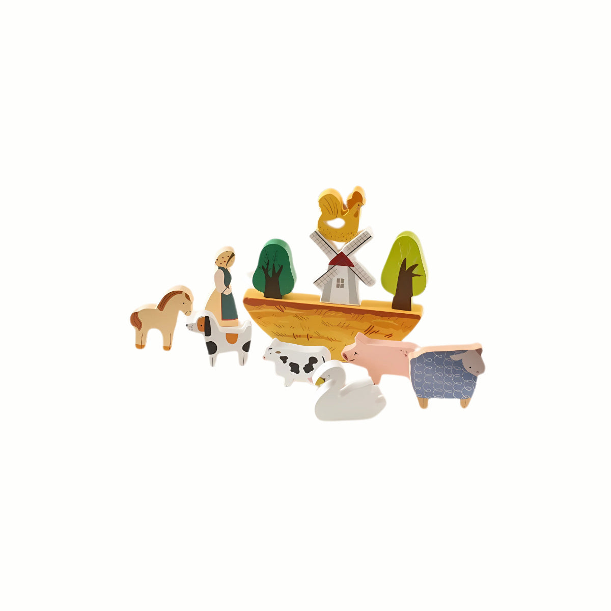 Wooden Farm Balance Game pieces scattered next to the crescent base, demonstrating the balancing challenge and open-ended stacking potential.