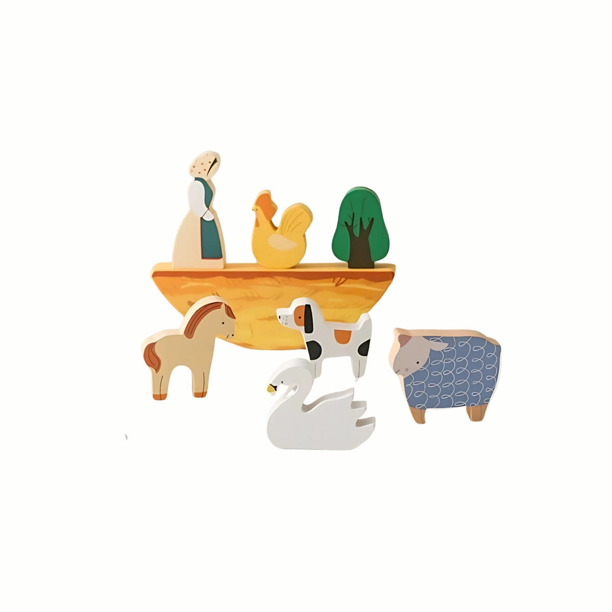 Wooden Farm Balance Game base with a partial stack and the remaining farm animal pieces scattered nearby, encouraging patience and precision.