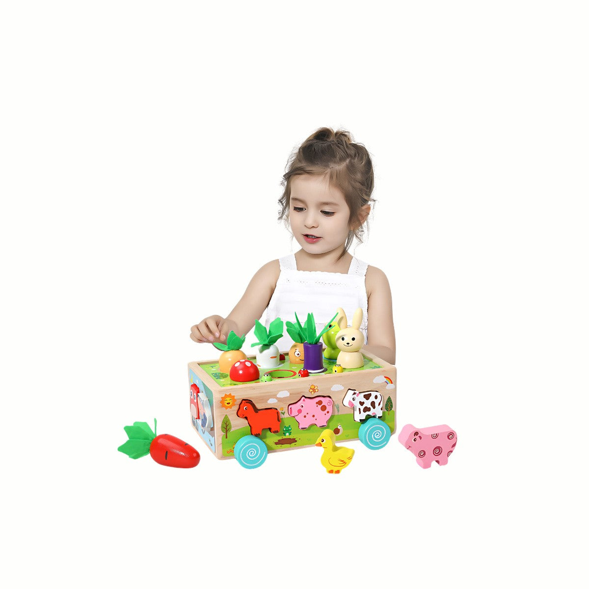 A child pushing the Wooden Farm Shape Sorter Car, engaging in imaginative play and developing gross motor skills.