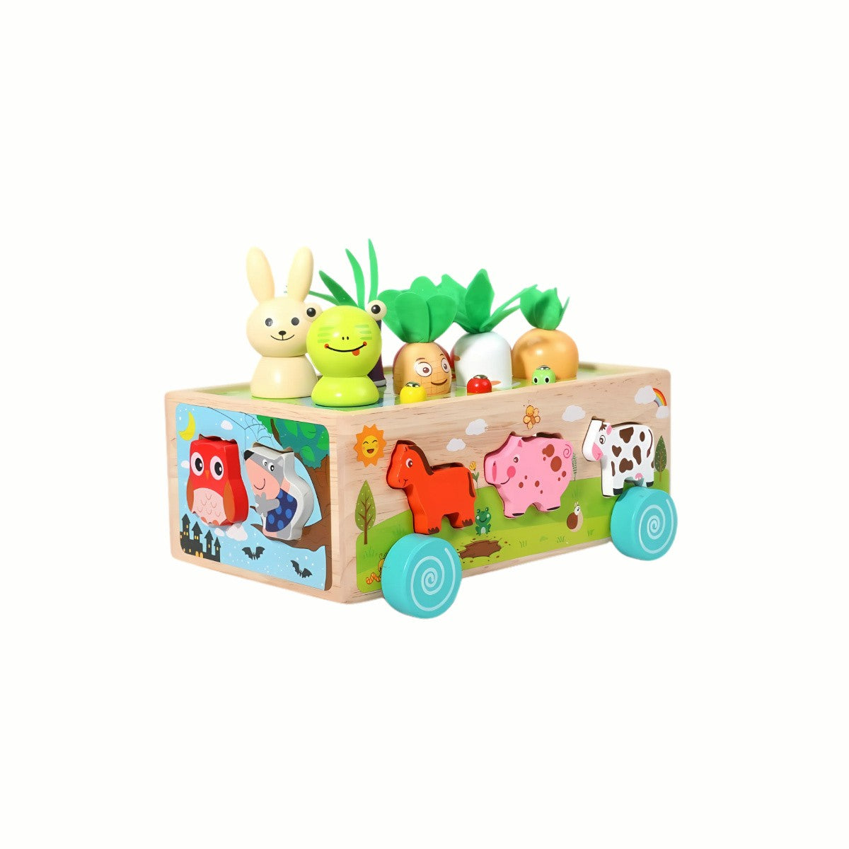 Wooden Farm Shape Sorter Car, showing the full set with the rolling car base and all colorful farm animal and vegetable pieces, a high-quality toy.