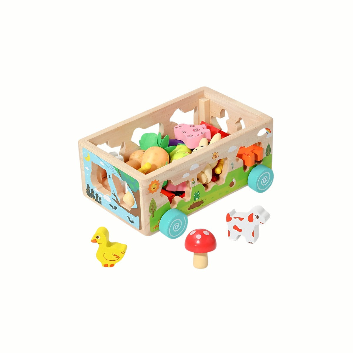 Wooden Farm Shape Sorter Car with all the farm pieces neatly tucked inside the car body, showing its function as a toy and practical storage box