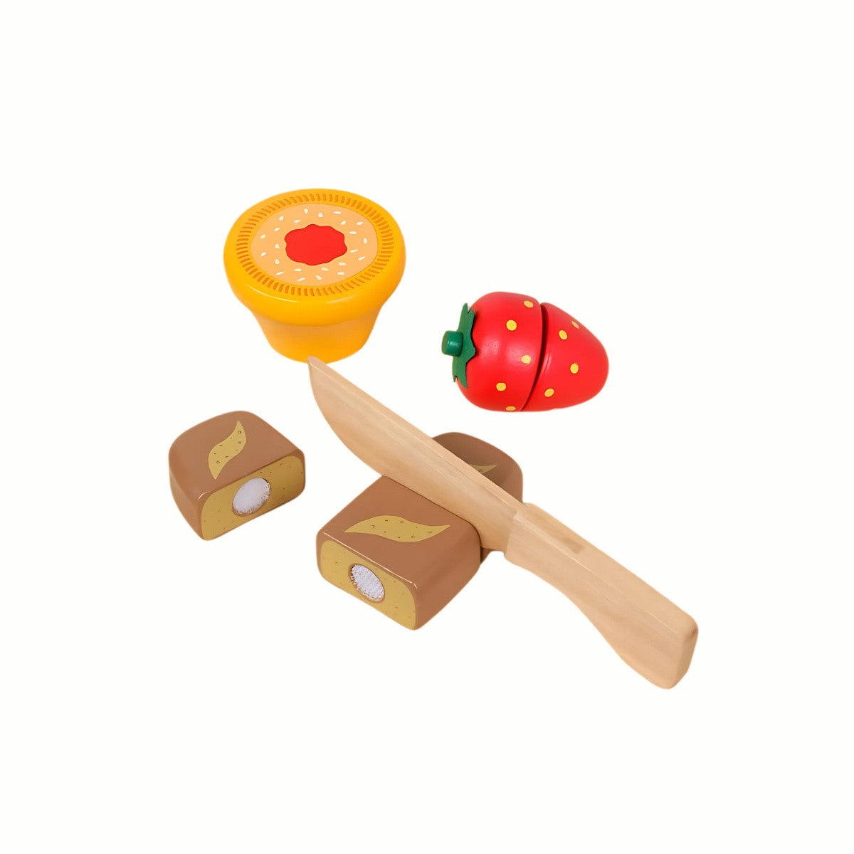 Showing the wooden knife in useto cut one of the fruit pieces from the Wooden Food Cutting Set, developing fine motor skills and imaginative play