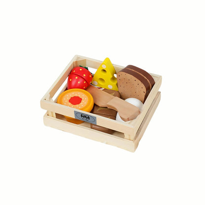 Wooden Food Cutting Set with all the food pieces and accessories neatly packed into the wooden basket, making cleanup and storage easy.