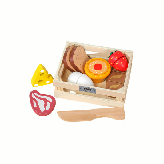 Wooden Food Cutting Set, showing the basket, knife, cutting board, and various colorful fruit and vegetable pieces scattered nearby, a high-quality toy
