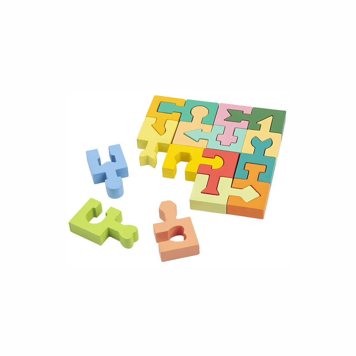 Wooden Geometric Brain Teaser Puzzle lying flat, showing some pieces placed and the remaining colorful shapes scattered, challenging spatial reasoning.