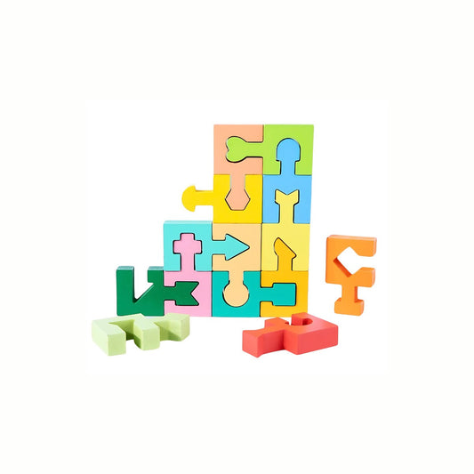 Wooden Geometric Brain Teaser Puzzle partially assembled and standing up, showing the various colorful interlocking pieces next to the puzzle, a high-quality toy.