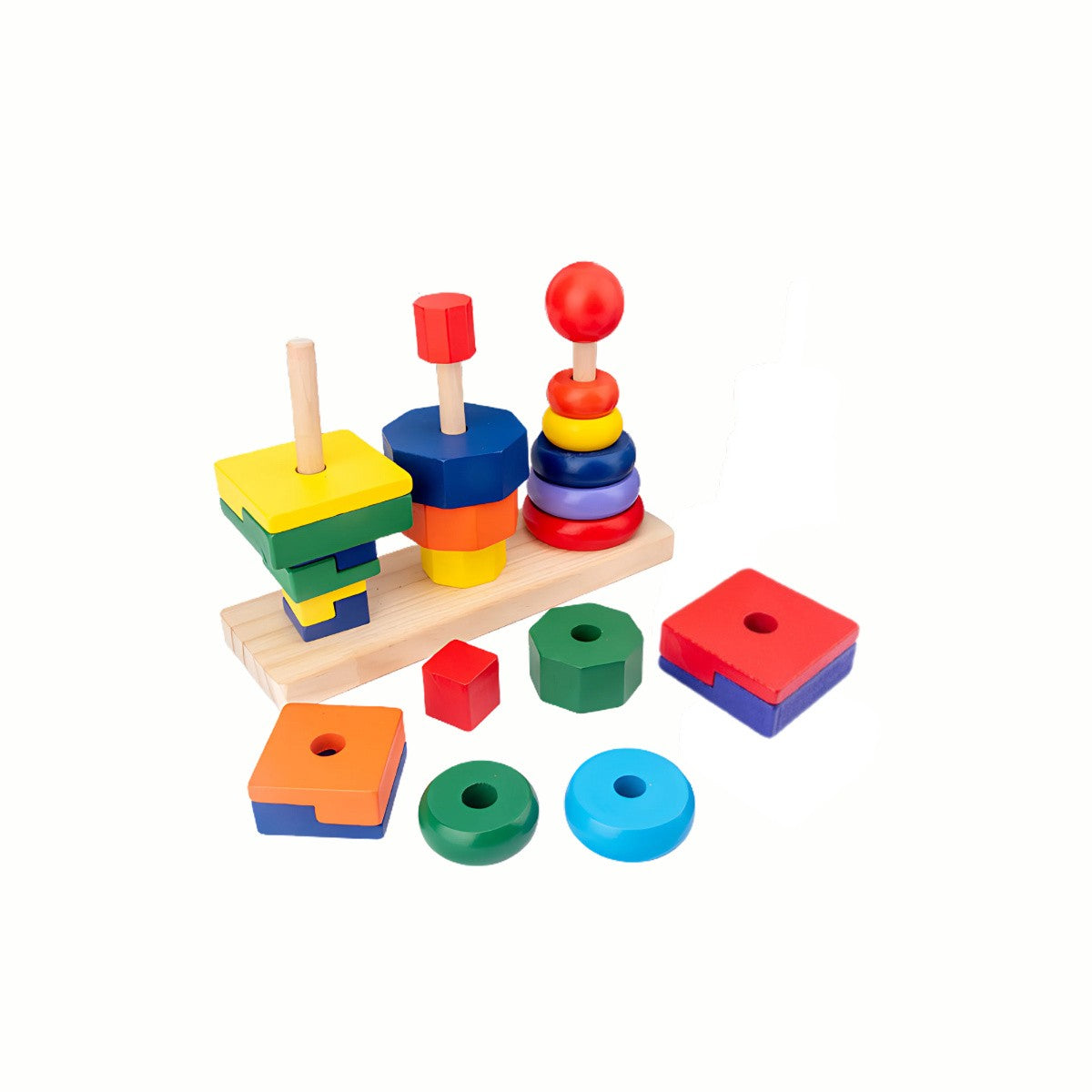 Wooden Geometric Stackers with towers partially stacked and blocks placed creatively, demonstrating how the pieces can be stacked however you like to develop spatial reasoning.