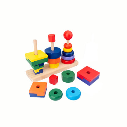 Wooden Geometric Stackers with towers partially stacked and blocks placed creatively, demonstrating how the pieces can be stacked however you like to develop spatial reasoning.