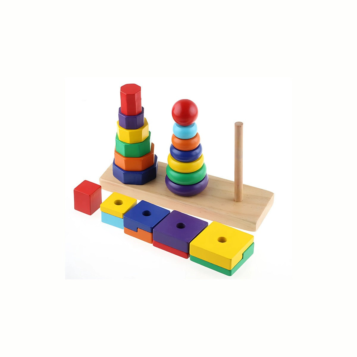 Wooden Geometric Stackers, showing two towers completed and the rest of the shapes scattered, ideal for open-ended play and shape and color learning.