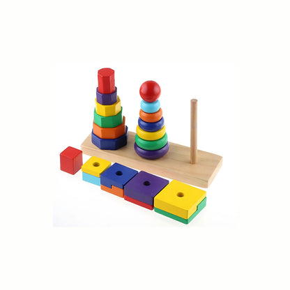 Wooden Geometric Stackers, showing two towers completed and the rest of the shapes scattered, ideal for open-ended play and shape and color learning.