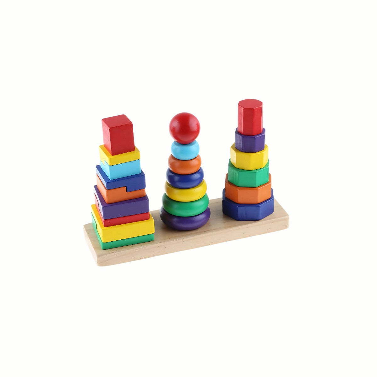 Wooden Geometric Stackers, showing all four towers fully and neatly stacked with colorful wooden rings in different shapes, a high-quality toy.