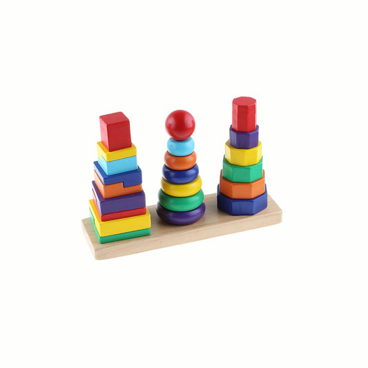 Wooden Geometric Stackers, showing all four towers fully and neatly stacked with colorful wooden rings in different shapes, a high-quality toy.
