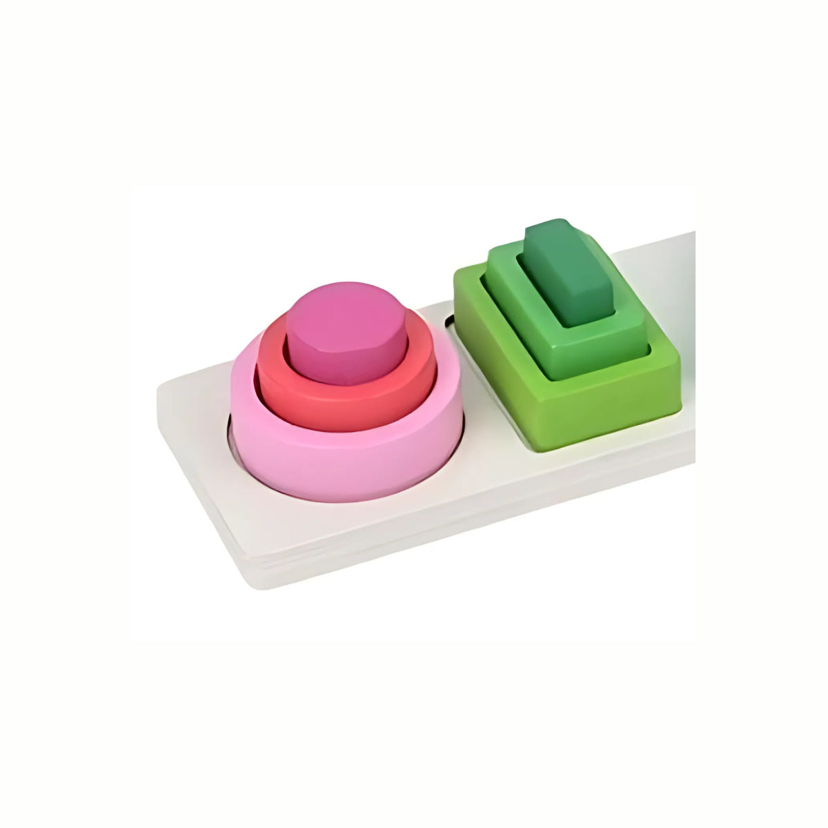 Wooden Geometric Stacking Puzzle, a close-up showing the pink circles and green squares stacked on their pegs on the wooden base, promoting fine motor skills.