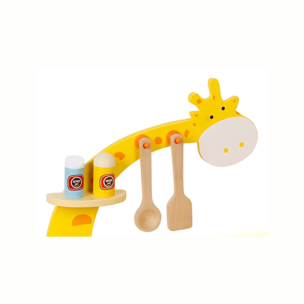 Wooden Giraffe Kitchen Playset, a close-up of the giraffe's head, which functions as a utensil rack holding two wooden spoons and spice bottles