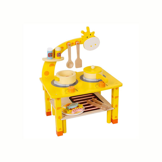 Wooden Giraffe Kitchen Playset, a front view of the complete yellow kitchen set with sink, oven, and shelves, a sustainable wooden toy for toddlers.