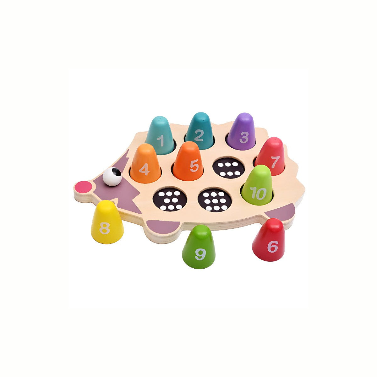 Wooden Hedgehog Number Matching Toy, showing the hedgehog base with numbered holes and some cones inserted, ideal for number recognition practice, a high-quality toy.