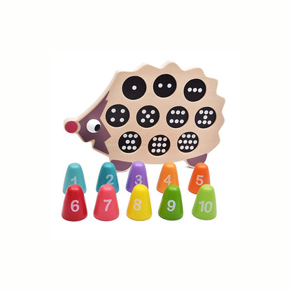 Wooden Hedgehog Number Matching Toy with all numbered cones laid out next to the hedgehog, illustrating the activity of matching each cone to the corresponding number on the board.