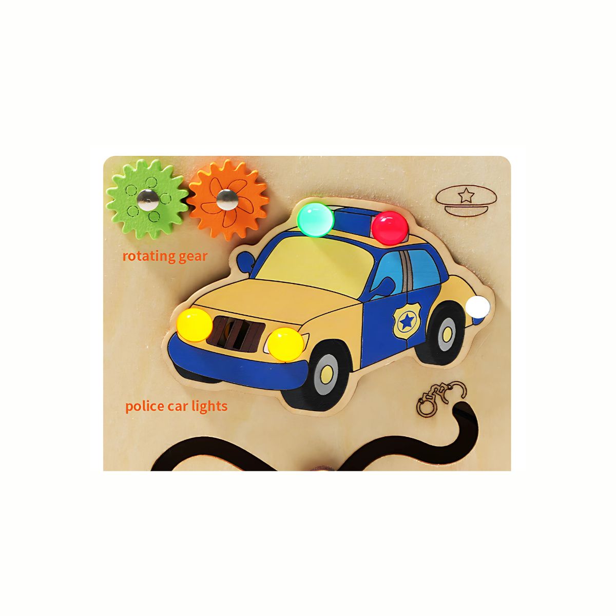 A close-up of the Wooden Interactive Busy Board (Police Car variant), highlighting the sliding siren light, turning wheels, and police car graphic, promoting fine motor skills.