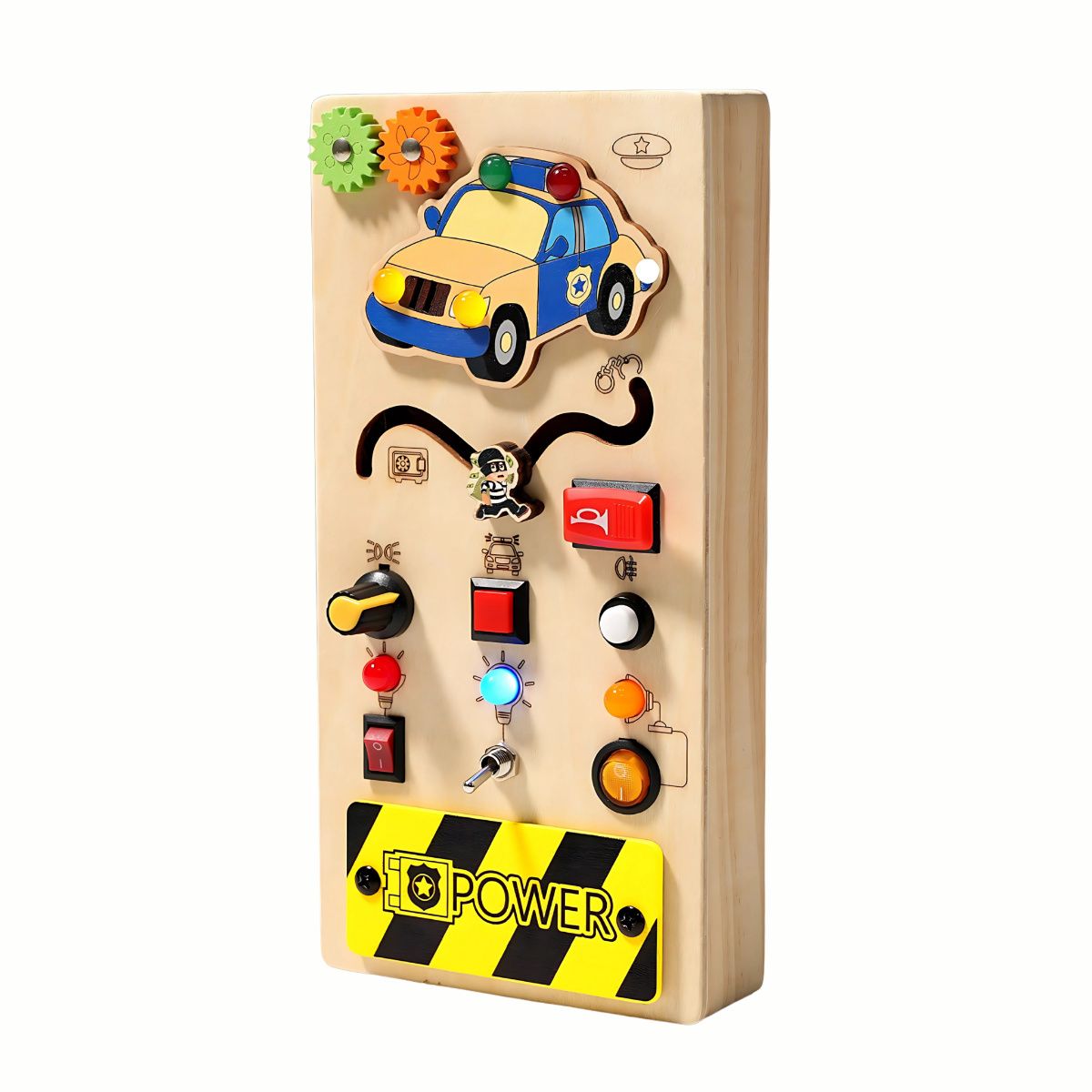 Wooden Interactive Busy Board (Police Car variant), showing the full police car themed board with all its engaging fine motor skill elements, a high-quality wooden activity toy.