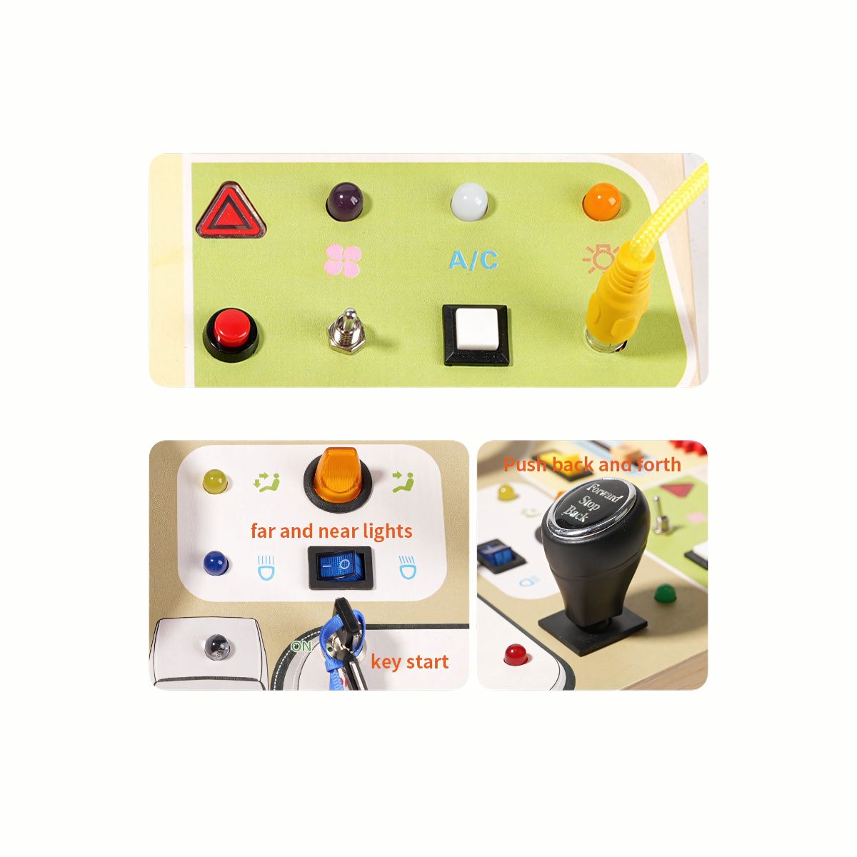 A close-up of the switches, buttons, and sliding elements on the Wooden Interactive Busy Board (Steering Wheel variant), encouraging cause-and-effect learning.