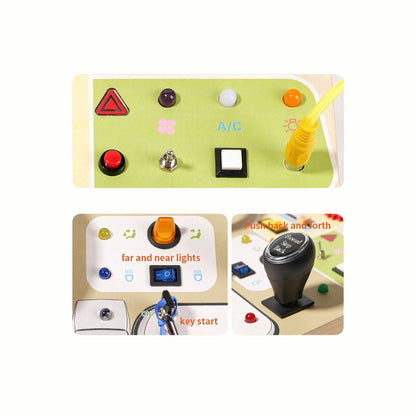 A close-up of the switches, buttons, and sliding elements on the Wooden Interactive Busy Board (Steering Wheel variant), encouraging cause-and-effect learning.