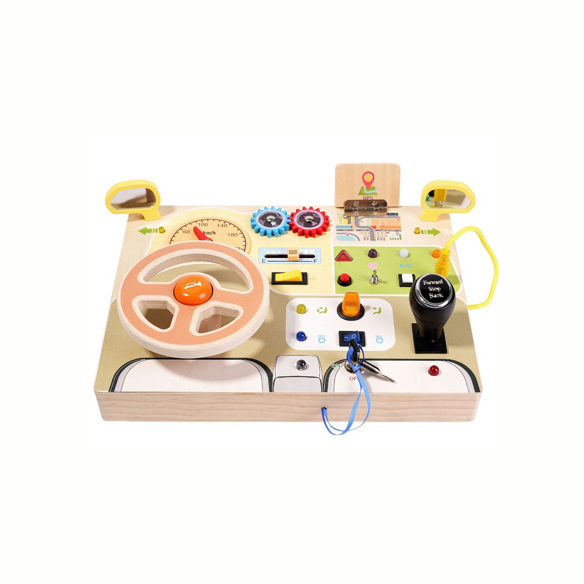 Wooden Interactive Busy Board (Steering Wheel variant), showing the full dashboard layout with turning key, horn, and various toggle switches, a high-quality wooden activity toy.