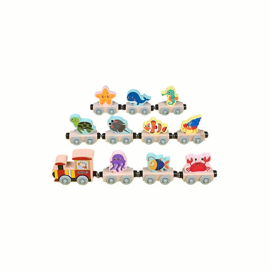 Wooden Magnetic Animal Train (Ocean variant), showing the three colorful magnetic carriages with an octopus, jellyfish, and fish separated, promoting fine motor skills.