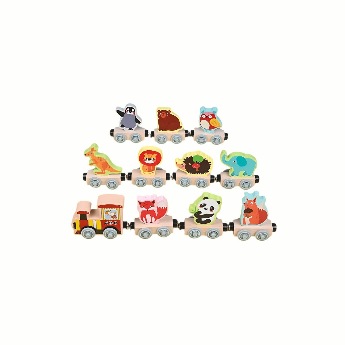 Wooden Magnetic Animal Train (Animal variant), showing the three individual magnetic carriages separated, demonstrating the easy-connect feature.