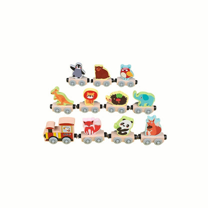 Wooden Magnetic Animal Train (Animal variant), showing the three individual magnetic carriages separated, demonstrating the easy-connect feature.