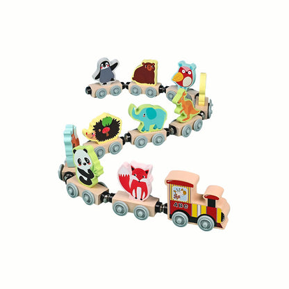 Wooden Magnetic Animal Train (Animal variant) fully connected, showing the engine and carriages with a fox, elephant, and bear ready for imaginative play.
